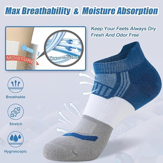 Socks for Men, 6 Pairs Full Cushioned Ankle Running Socks, Low Cut Breathable Comfortable Cotton Socks - Image 4